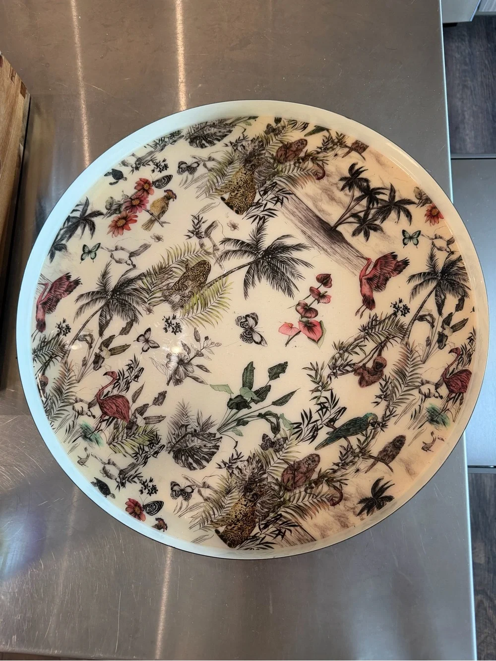 CB2 Decorative Tropical Print Serving Tray in Cream and Pink
